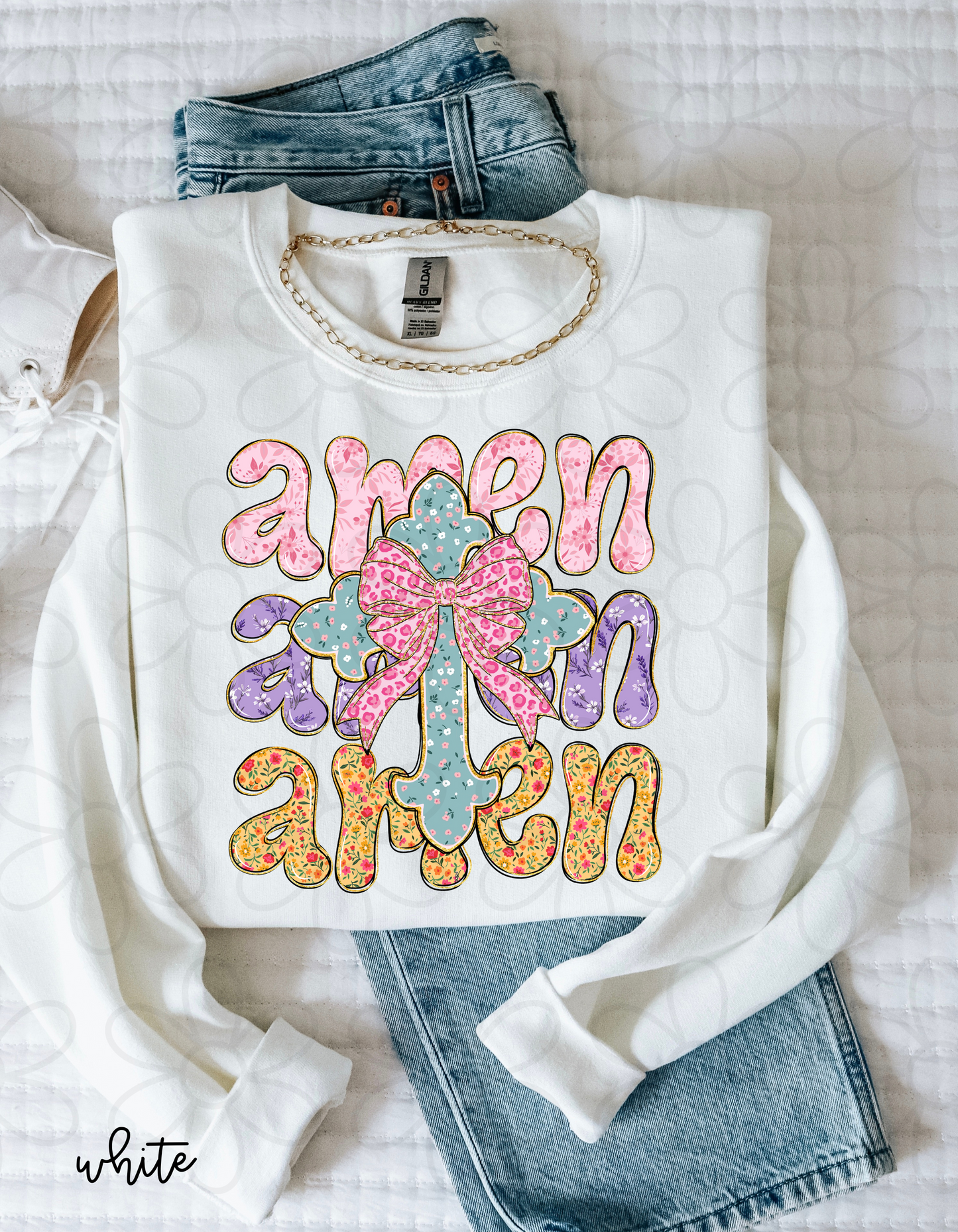 Boho Floral Amen Cross Kids Completed Tee