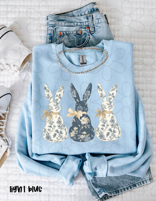 Blue Vintage Floral Bunnies Kids Completed Tee