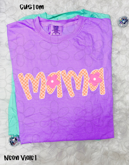 Peach Checker Pink Flower Mama Completed Tee