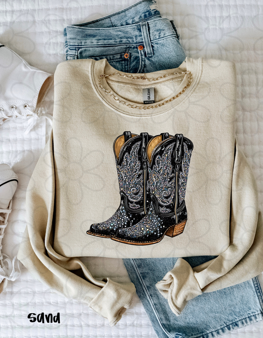 Black Rhinestone Boots Completed Tee