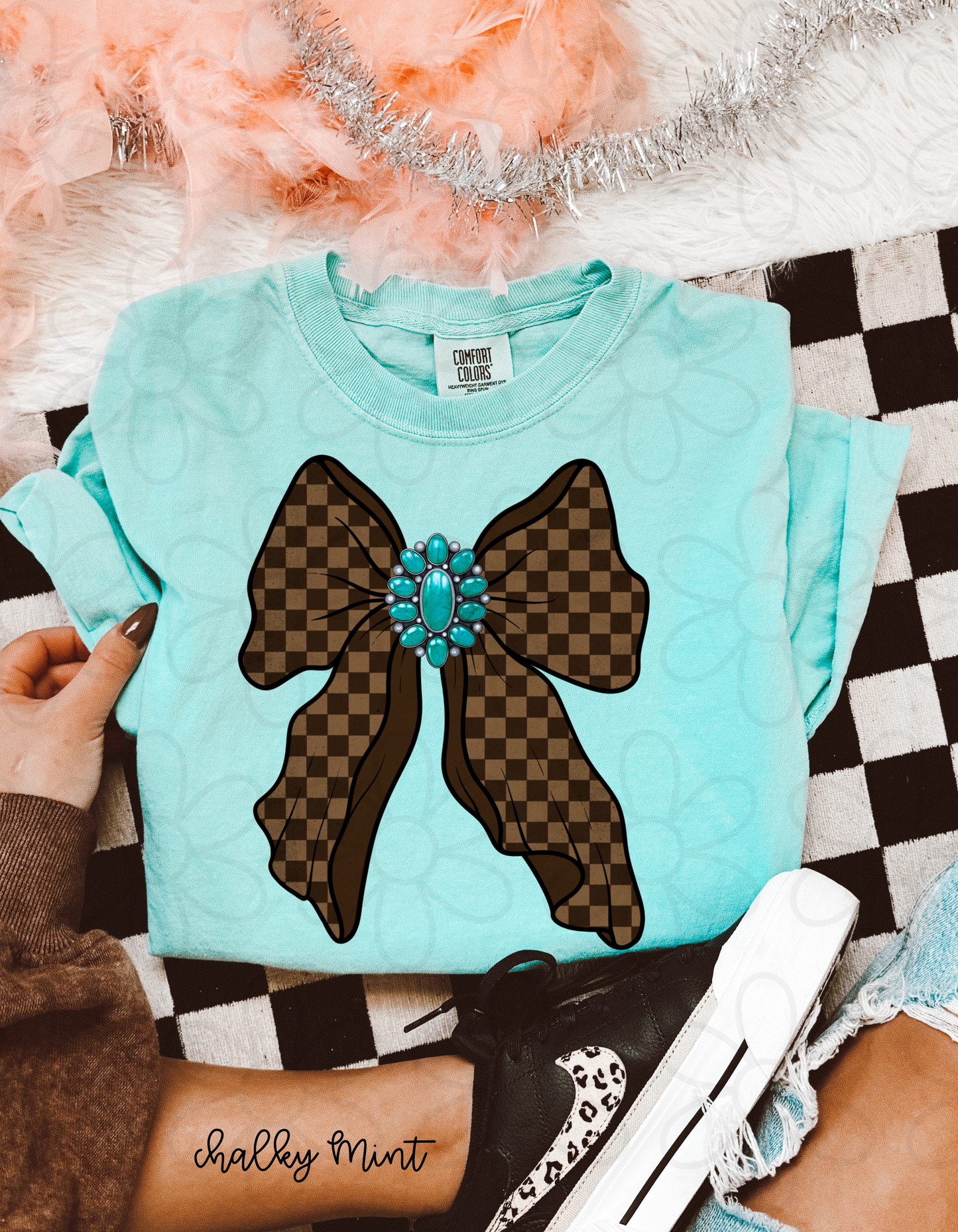 Brown Checkered Turquoise Bow Kids Completed Tee