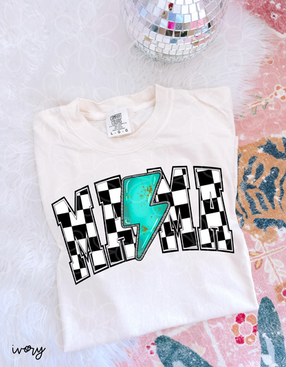 Checkered Mama Turquoise Lightening Bolt Completed Tee