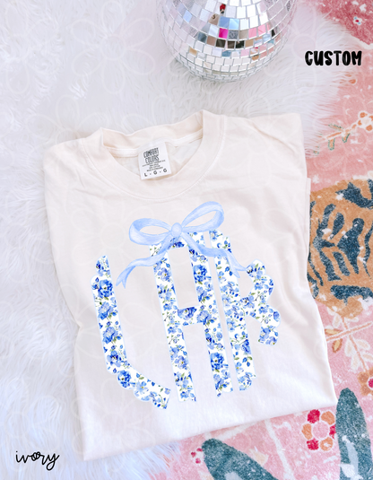 Blue Floral Monogram Kids Completed Tee