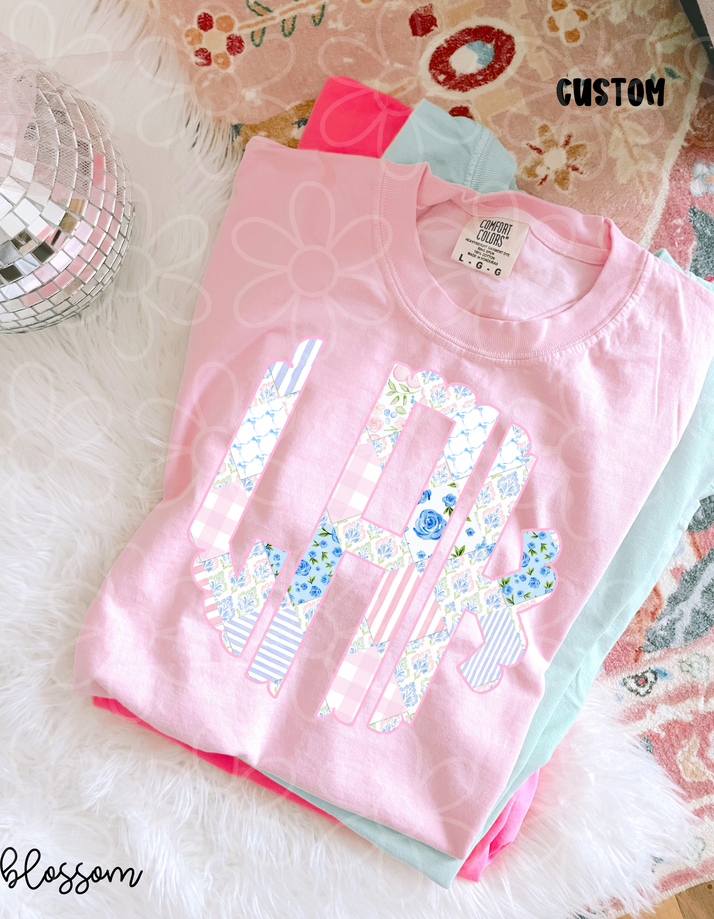 Pink Blue Floral Coquette Monogram Completed Tee