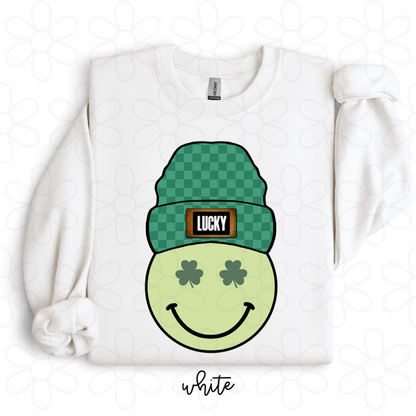 Lucky Green Smiley Beanie Kids Completed Tee