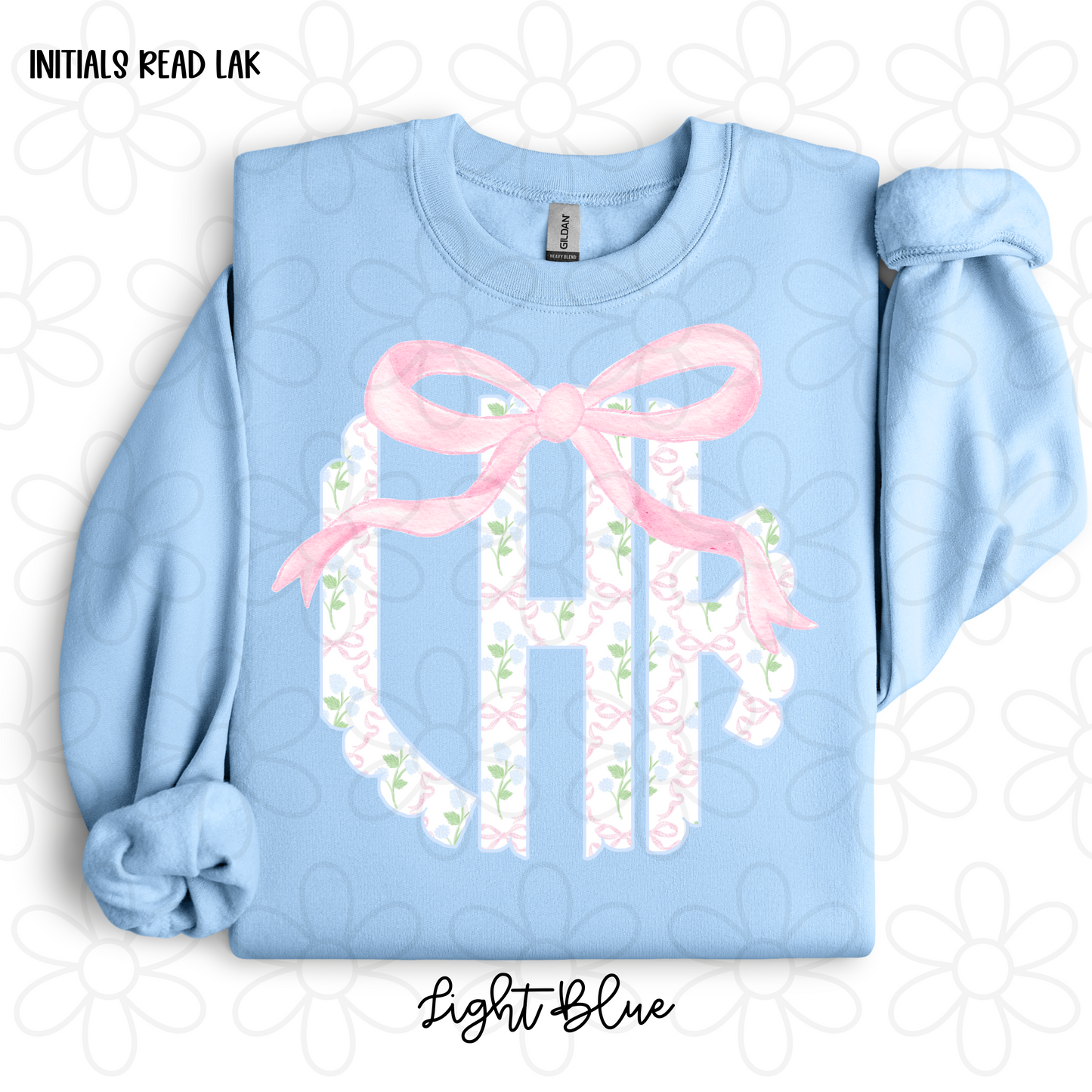 Pink Bows Blue Hydrangeas Monogram Kids Completed Tee