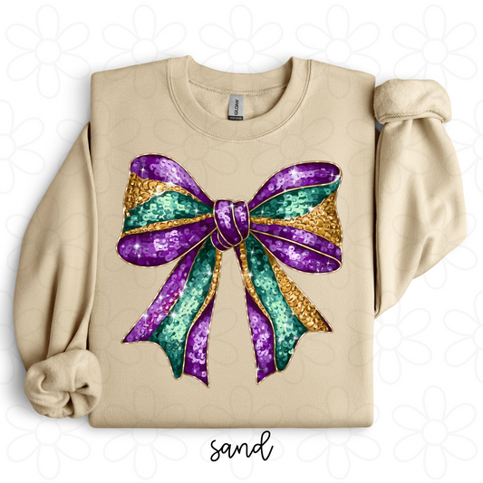 Glitter Mardi Gras Bow Kids Completed Tee