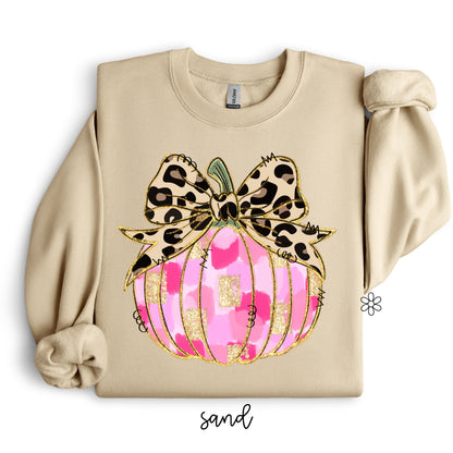 Pink Pumpkin Leopard Bow Kids Completed Tee