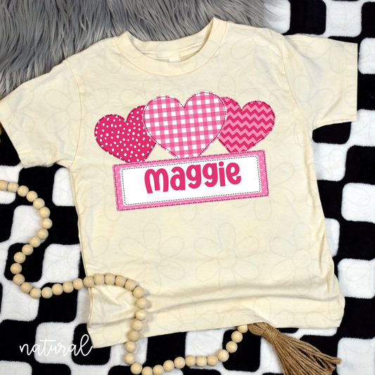 Custom Name Pink Hearts Kids Completed Tee