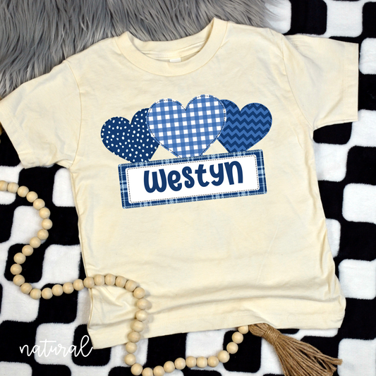 Custom Name Blue Hearts Kids Completed Tee