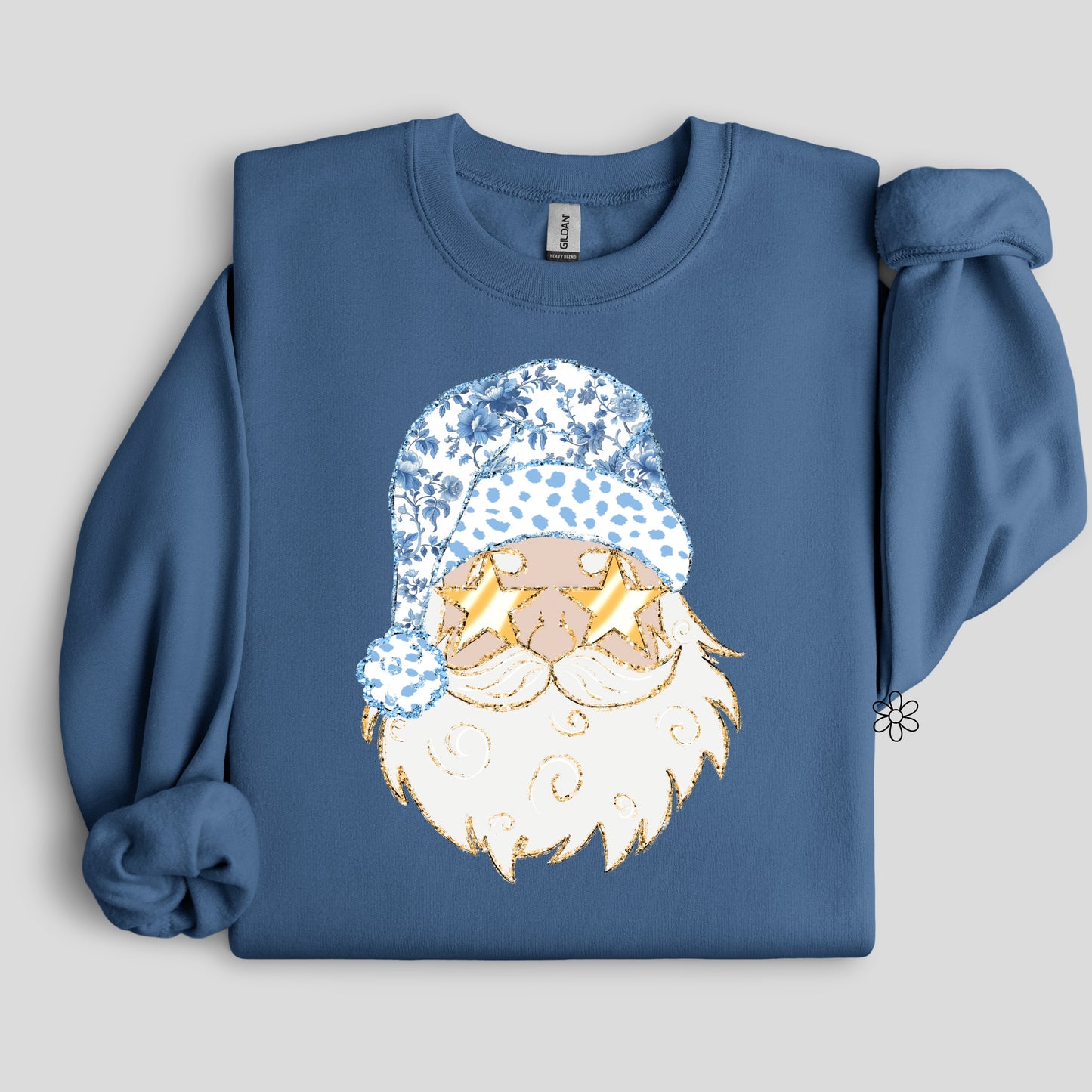 Blue Floral Gold Santa DTF Transfer Only