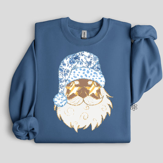 Blue Floral Gold Glitter Santa DTF Transfer Only