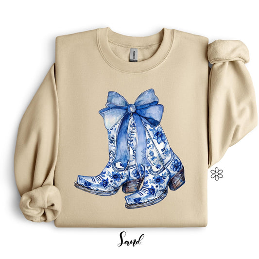 Blue Floral Boots with Bow Transfer Only