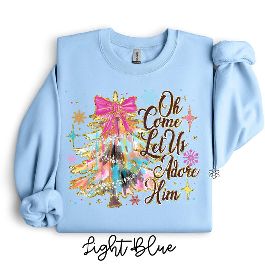 Oh Come Let Us Adore Him Tree Kids Completed Tee