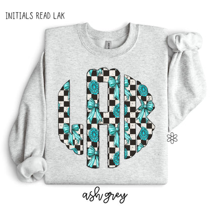 Turquoise Check Monogram Kids Completed Tee