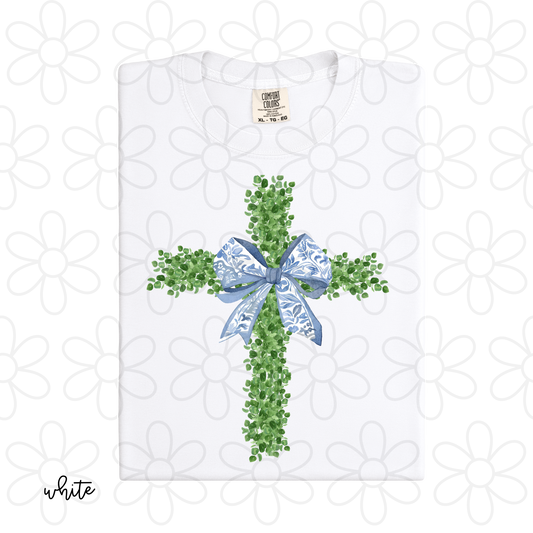 Greenery Cross Blue Bow Kids Completed Tee