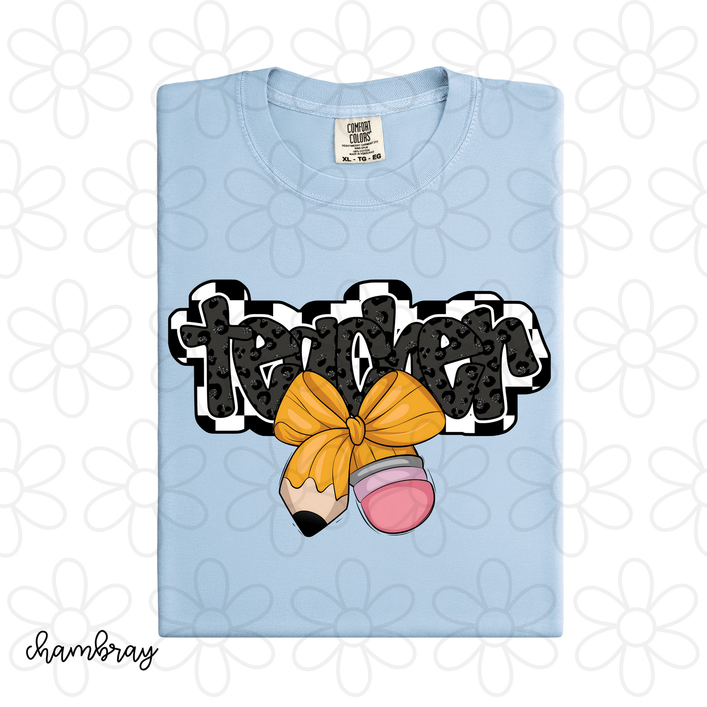 Checkered Leopard Teacher Pencil Bow Completed Tee