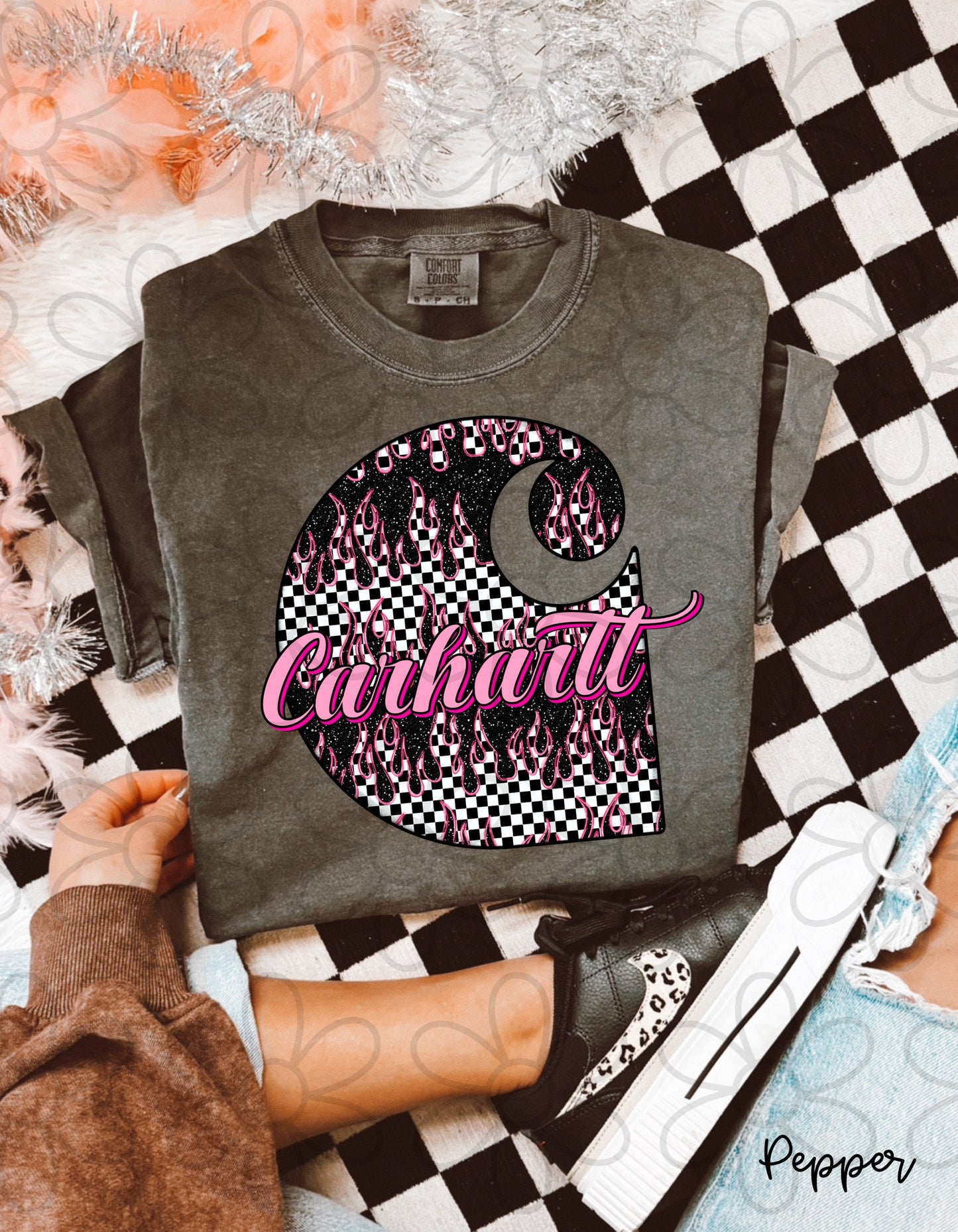 Checkered Glitter Black Drip Pink Carhartt DTF Transfer