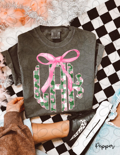 Green Gingham Pink Shamrock Monogram Kids Completed Tee