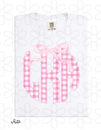 Pink Gingham Bow Monogram Completed Tee