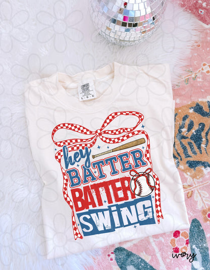 Checkered Bow Hey Batter Batter Swing Completed Tee