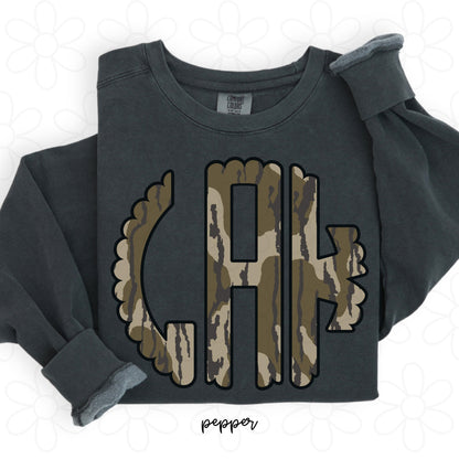 Bottomland Camo Scallop Monogram Kids Completed Tee